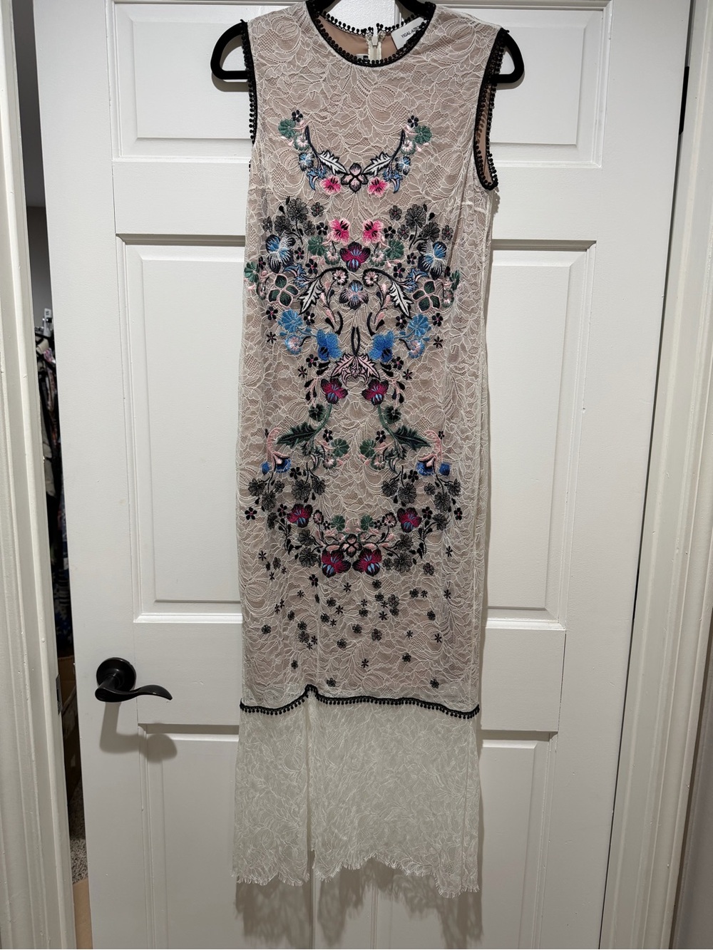 Yigal Azrouel Ivory Lace Midi Dress with Multicolor Floral Embroidery